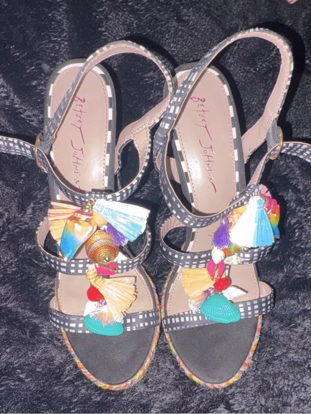 Betsey Johnson Black with Multicolor Tassel Embellished Wedge Sandals